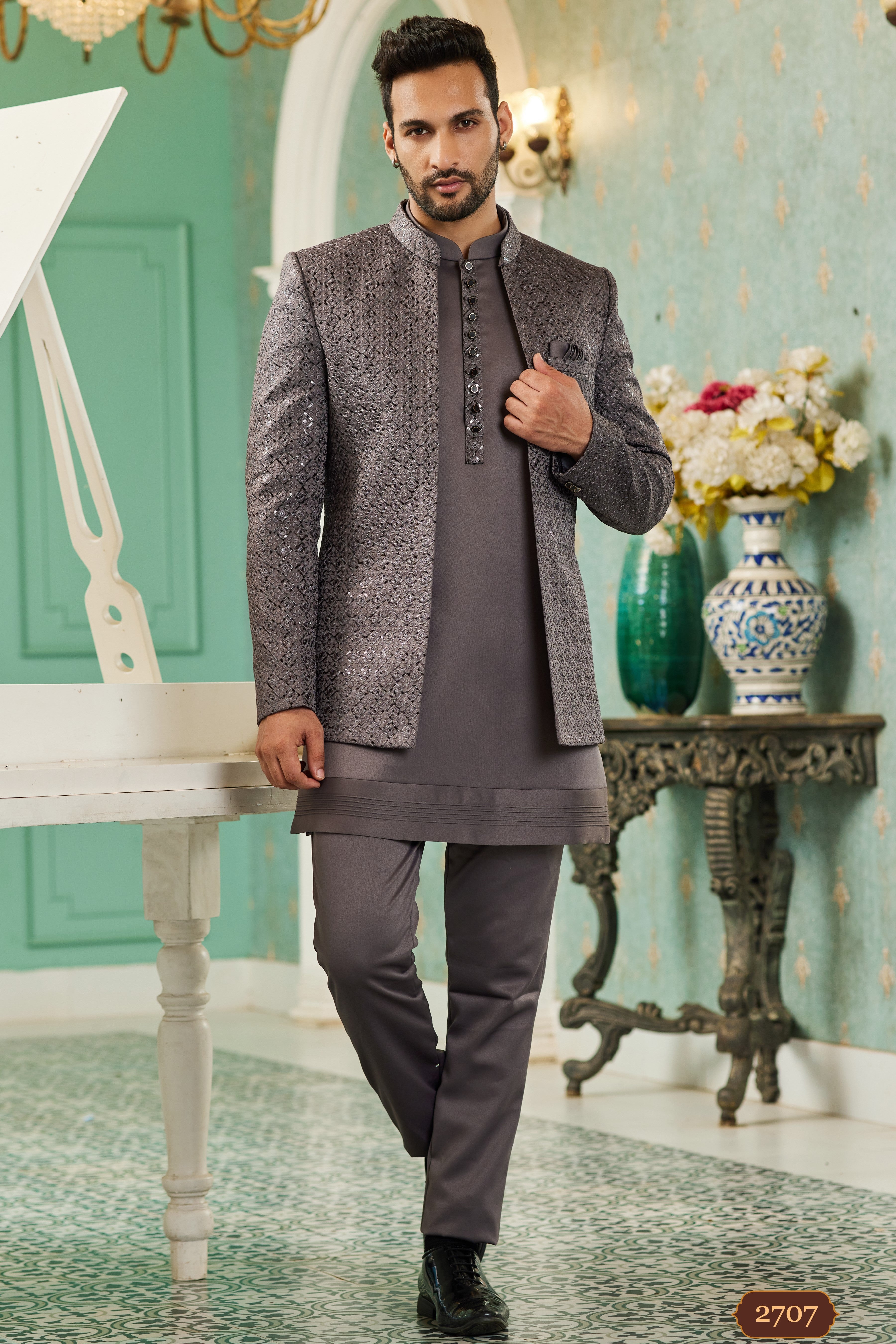 Blackish Brown Art Silk Traditional Jodhpuri Suits with Jacket & Pant for Men for Wedding - Thread Embroidery Work