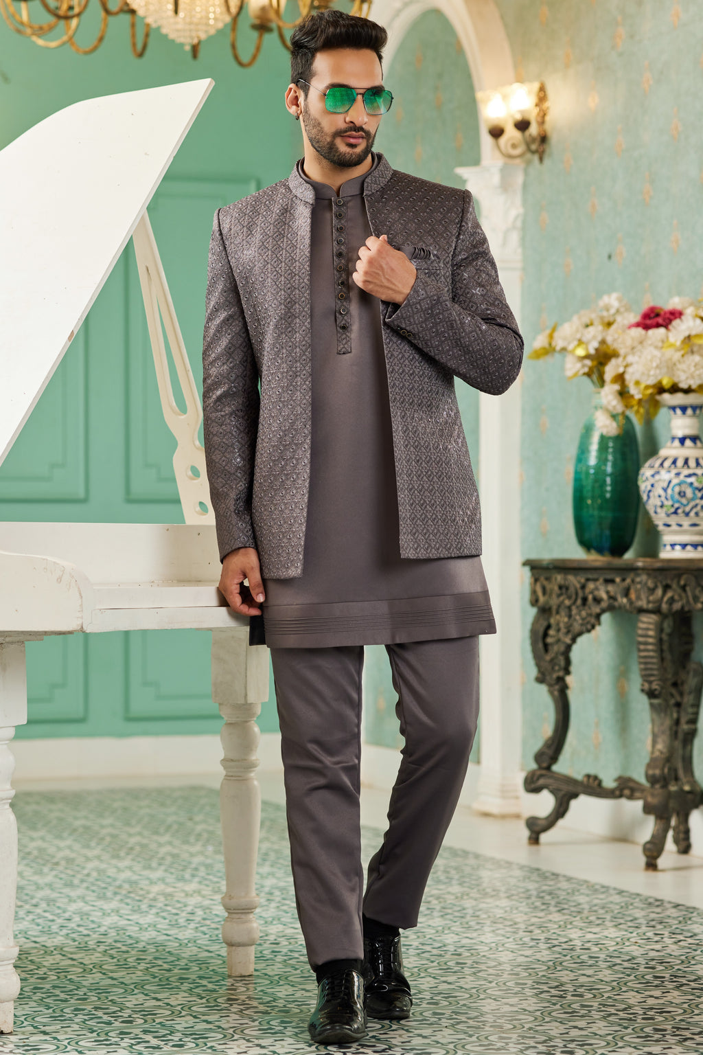 Blackish Brown Art Silk Traditional Jodhpuri Suits with Jacket & Pant for Men for Wedding - Thread Embroidery Work