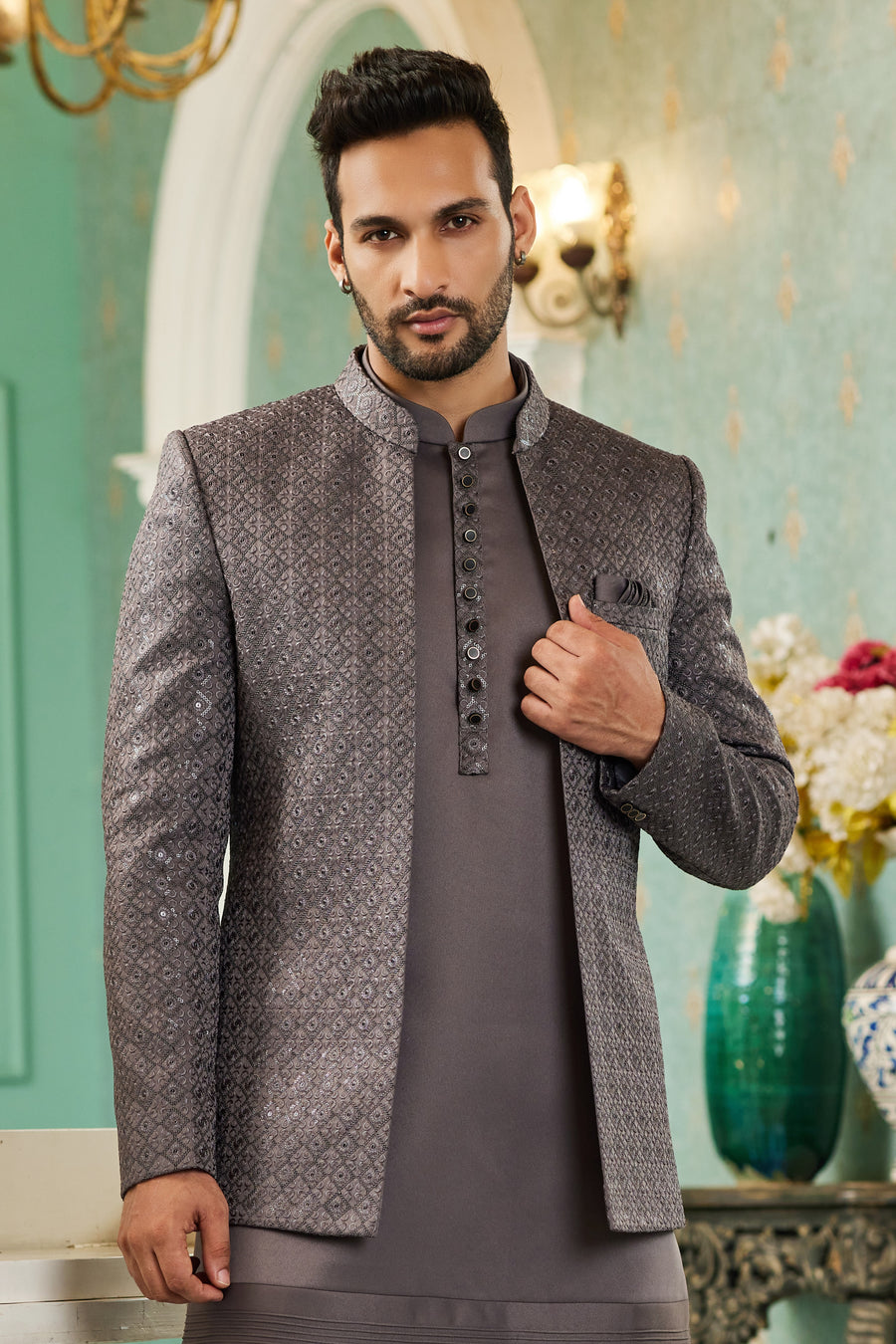 Blackish Brown Art Silk Traditional Jodhpuri Suits with Jacket & Pant for Men for Wedding - Thread Embroidery Work