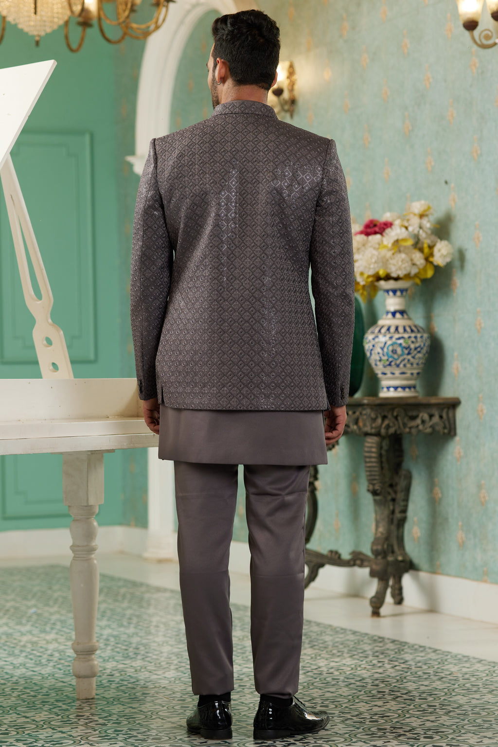 Blackish Brown Art Silk Traditional Jodhpuri Suits with Jacket & Pant for Men for Wedding - Thread Embroidery Work