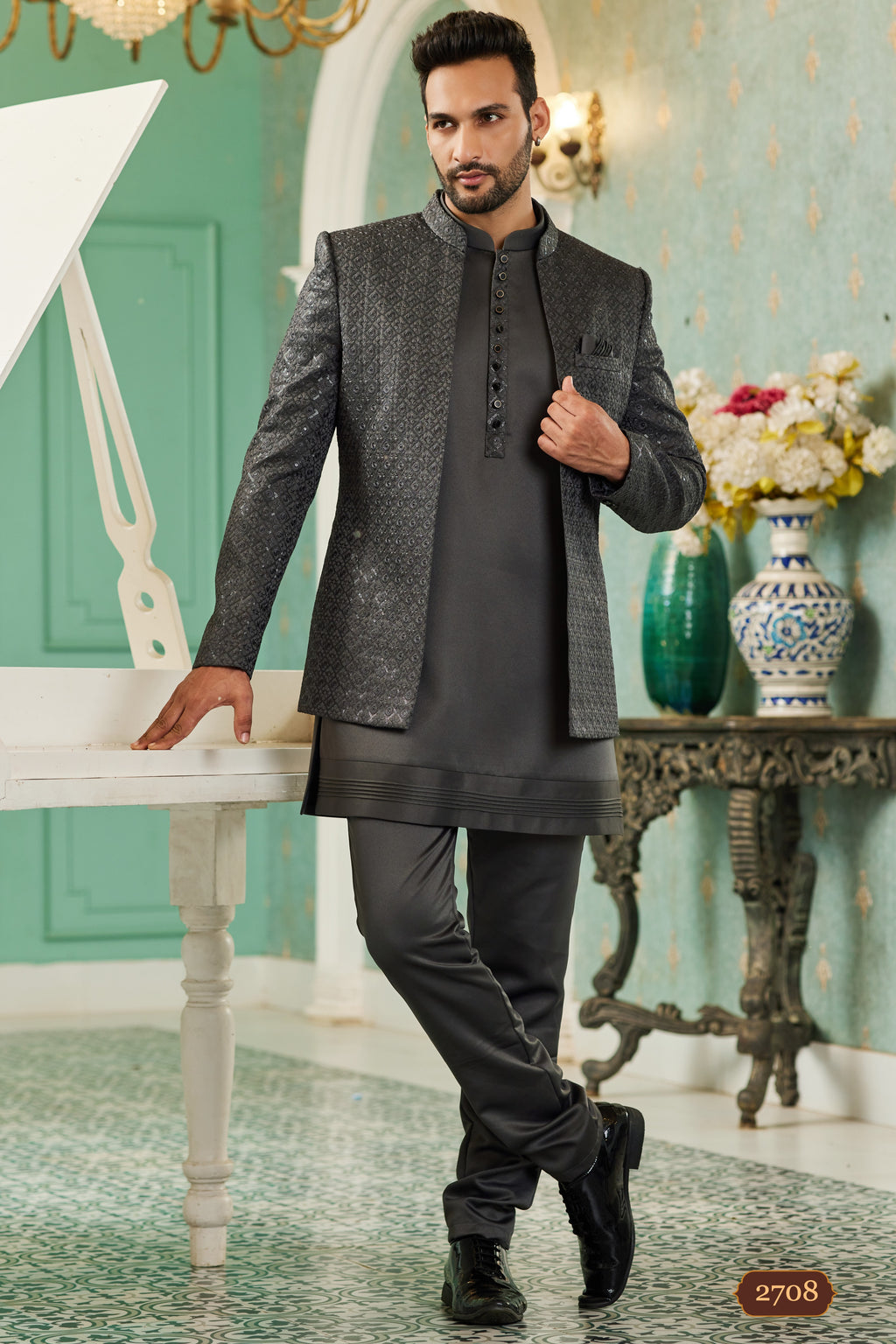Black Art Silk Traditional Jodhpuri Suits with Jacket & Pant for Men for Wedding - Thread Embroidery Work