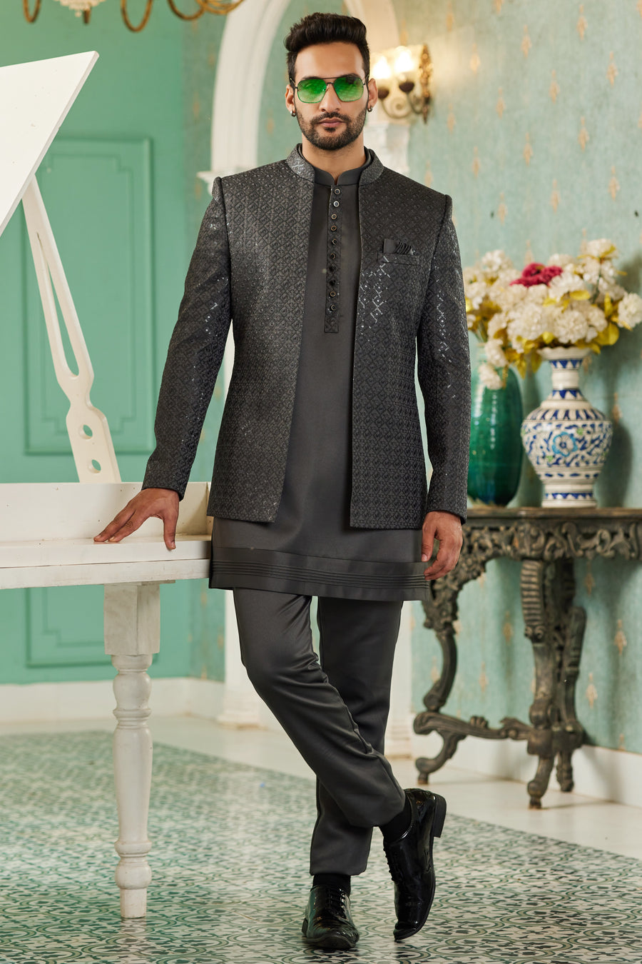 Black Art Silk Traditional Jodhpuri Suits with Jacket & Pant for Men for Wedding - Thread Embroidery Work