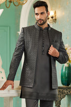 Black Art Silk Traditional Jodhpuri Suits with Jacket & Pant for Men for Wedding - Thread Embroidery Work