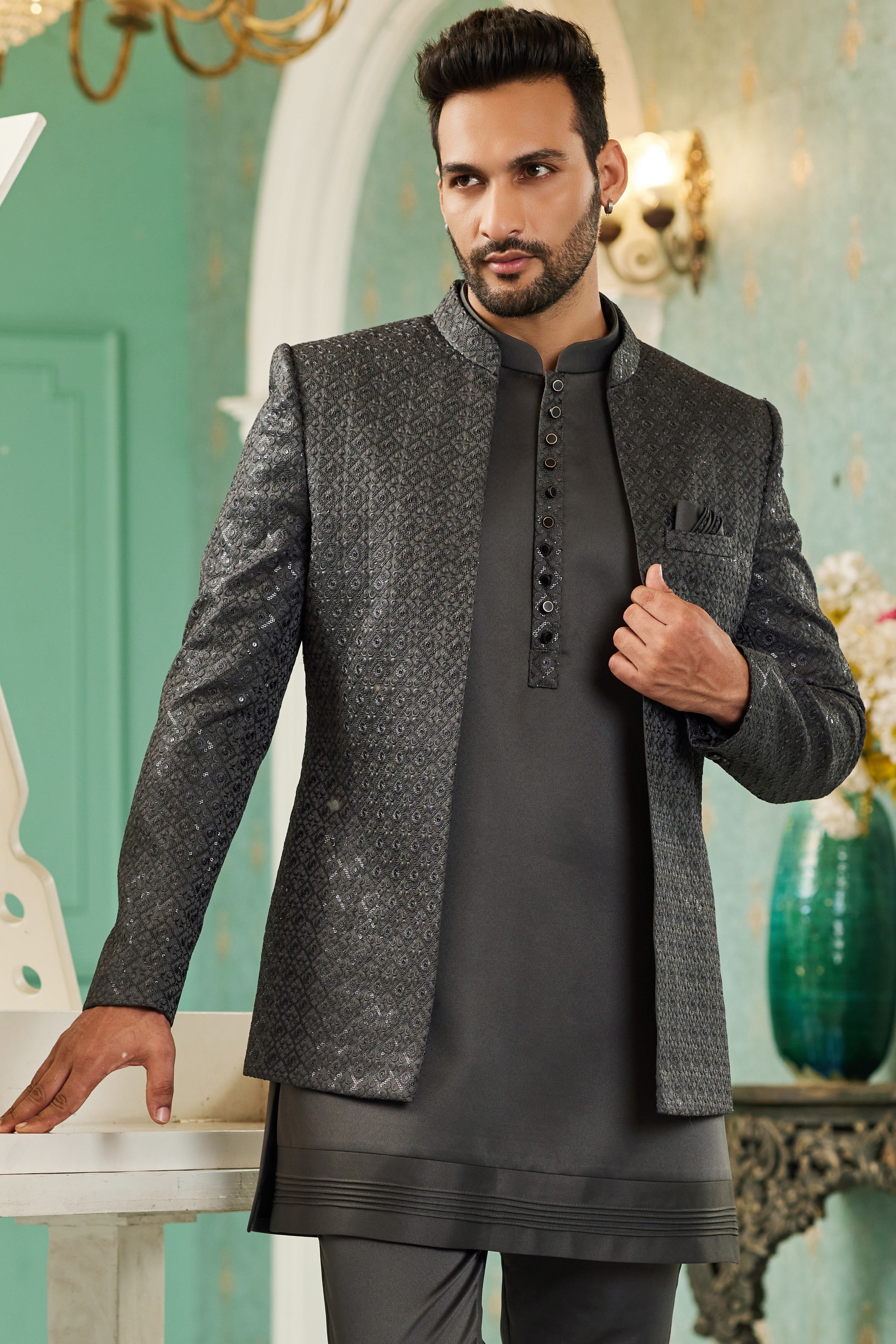 Black Art Silk Traditional Jodhpuri Suits with Jacket & Pant for Men for Wedding - Thread Embroidery Work