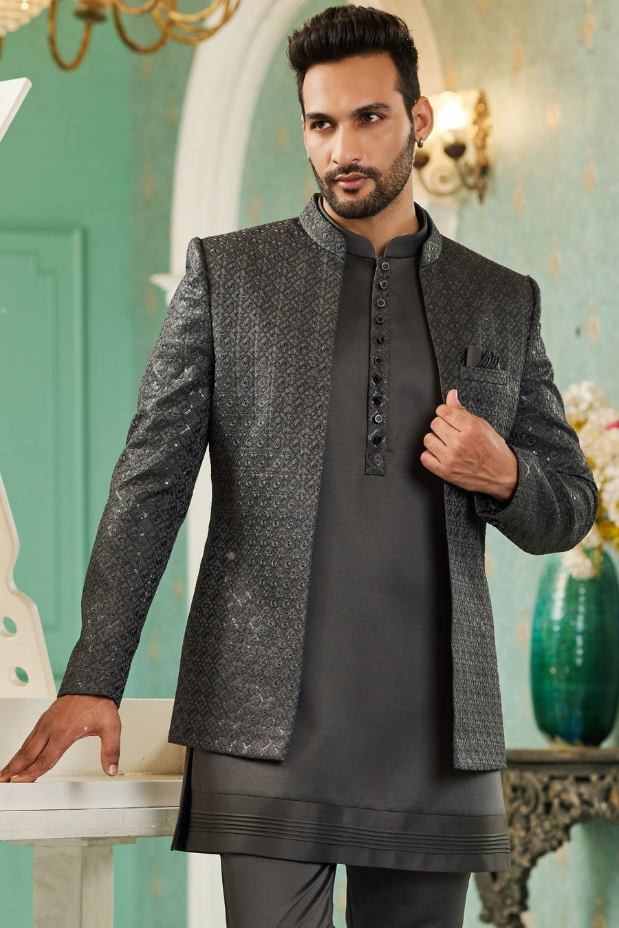 Black Art Silk Traditional Jodhpuri Suits with Jacket & Pant for Men for Wedding - Thread Embroidery Work