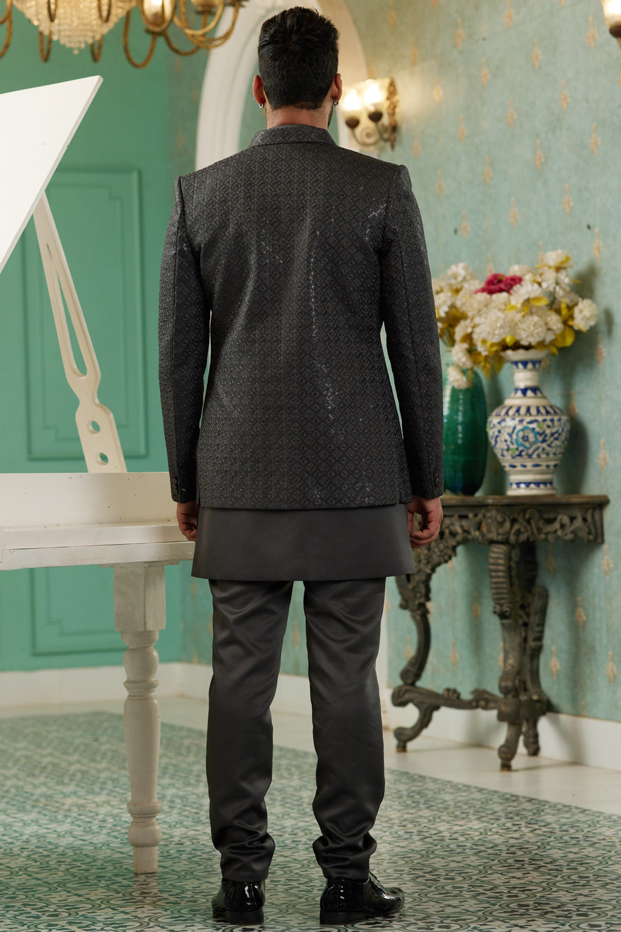 Black Art Silk Traditional Jodhpuri Suits with Jacket & Pant for Men for Wedding - Thread Embroidery Work