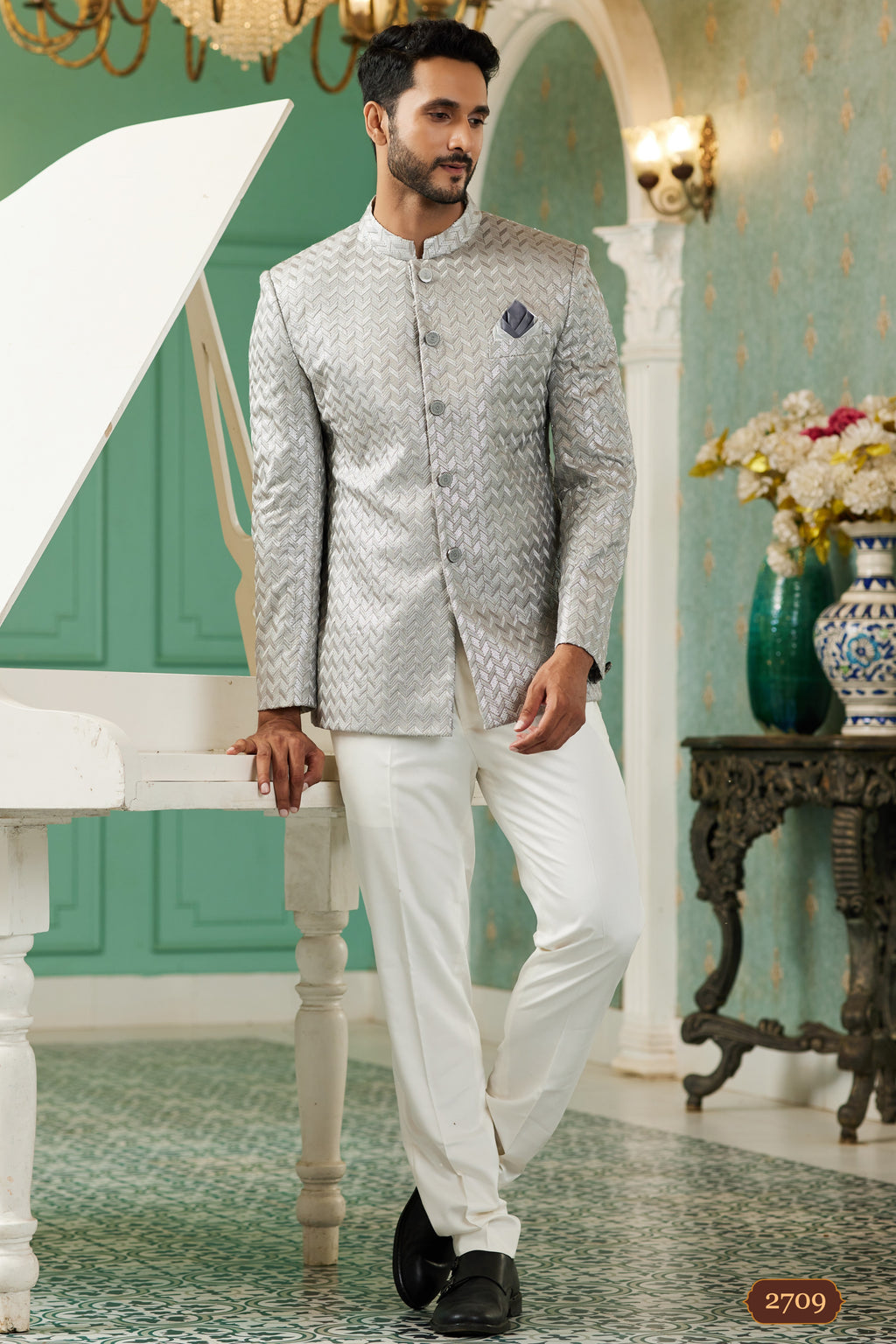 Gray Art Silk Traditional Jodhpuri Suits with Jacket & Pant for Men for Wedding - Thread Embroidery Work