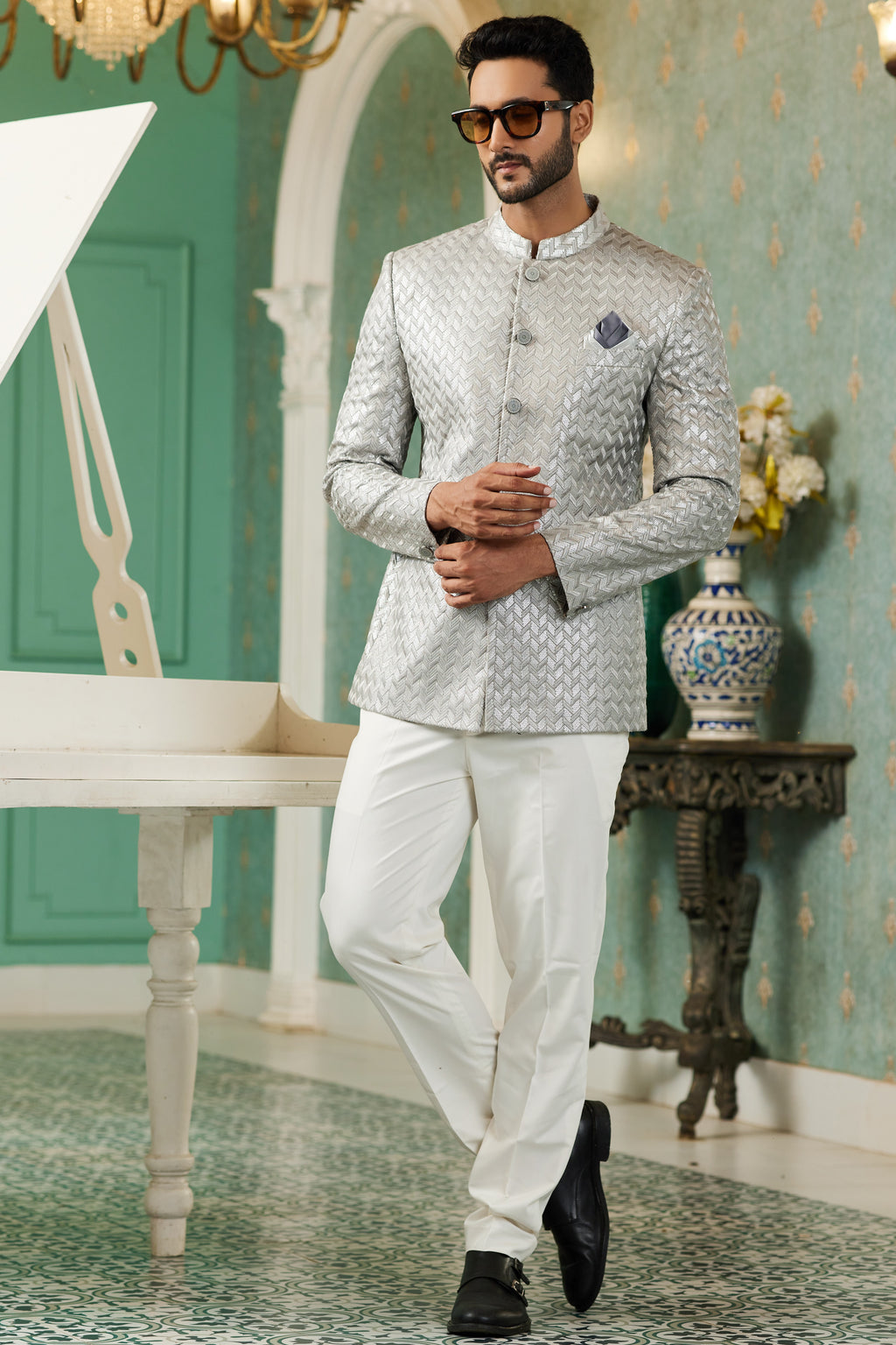 Gray Art Silk Traditional Jodhpuri Suits with Jacket & Pant for Men for Wedding - Thread Embroidery Work