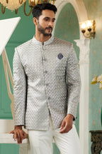 Gray Art Silk Traditional Jodhpuri Suits with Jacket & Pant for Men for Wedding - Thread Embroidery Work