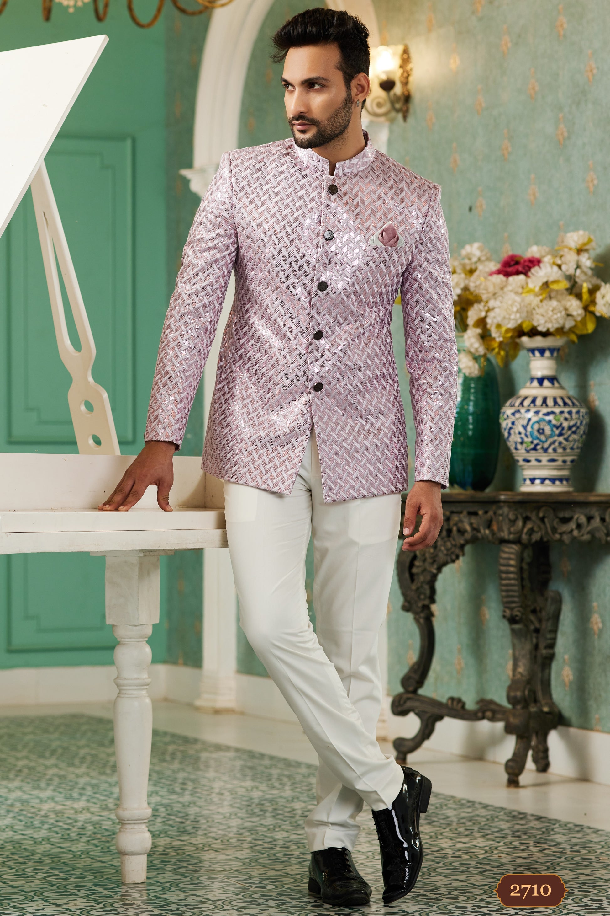 Pink Art Silk Traditional Jodhpuri Suits with Pant for Men for Wedding Thread Embroidery Work
