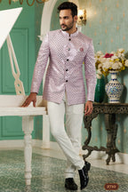 Pink Art Silk Traditional Jodhpuri Suits with Jacket & Pant for Men for Wedding - Thread Embroidery Work