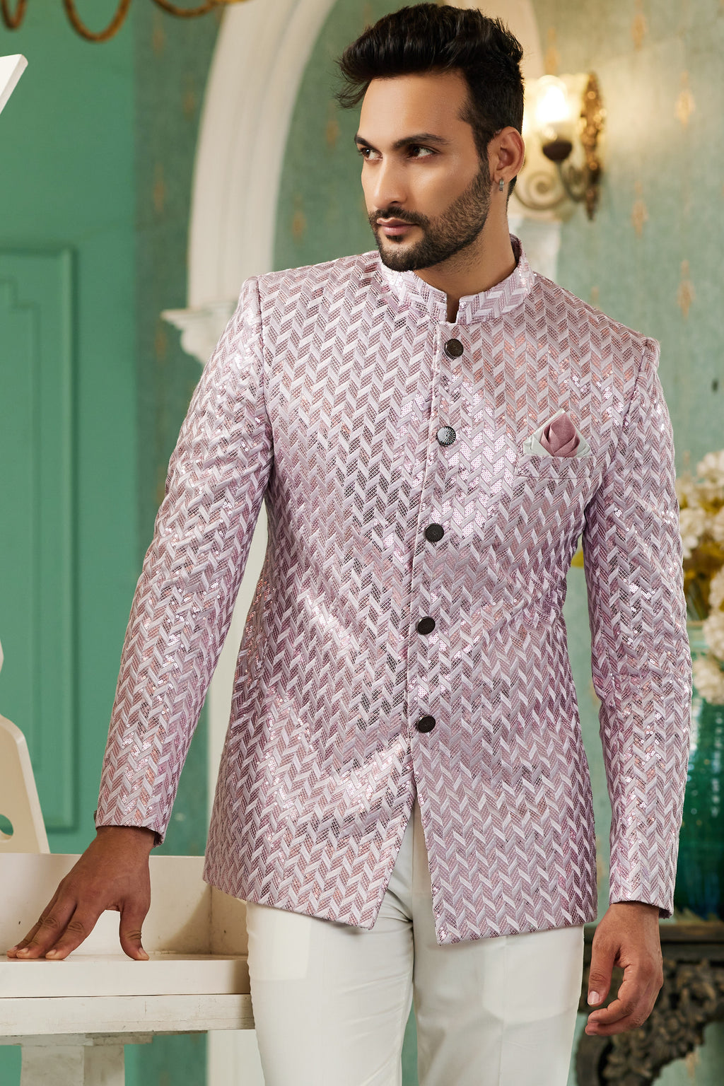 Pink Art Silk Traditional Jodhpuri Suits with Jacket & Pant for Men for Wedding - Thread Embroidery Work