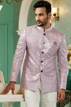 Pink Art Silk Traditional Jodhpuri Suits with Jacket & Pant for Men for Wedding - Thread Embroidery Work