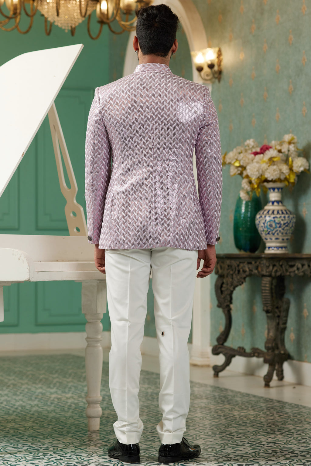 Pink Art Silk Traditional Jodhpuri Suits with Jacket & Pant for Men for Wedding - Thread Embroidery Work