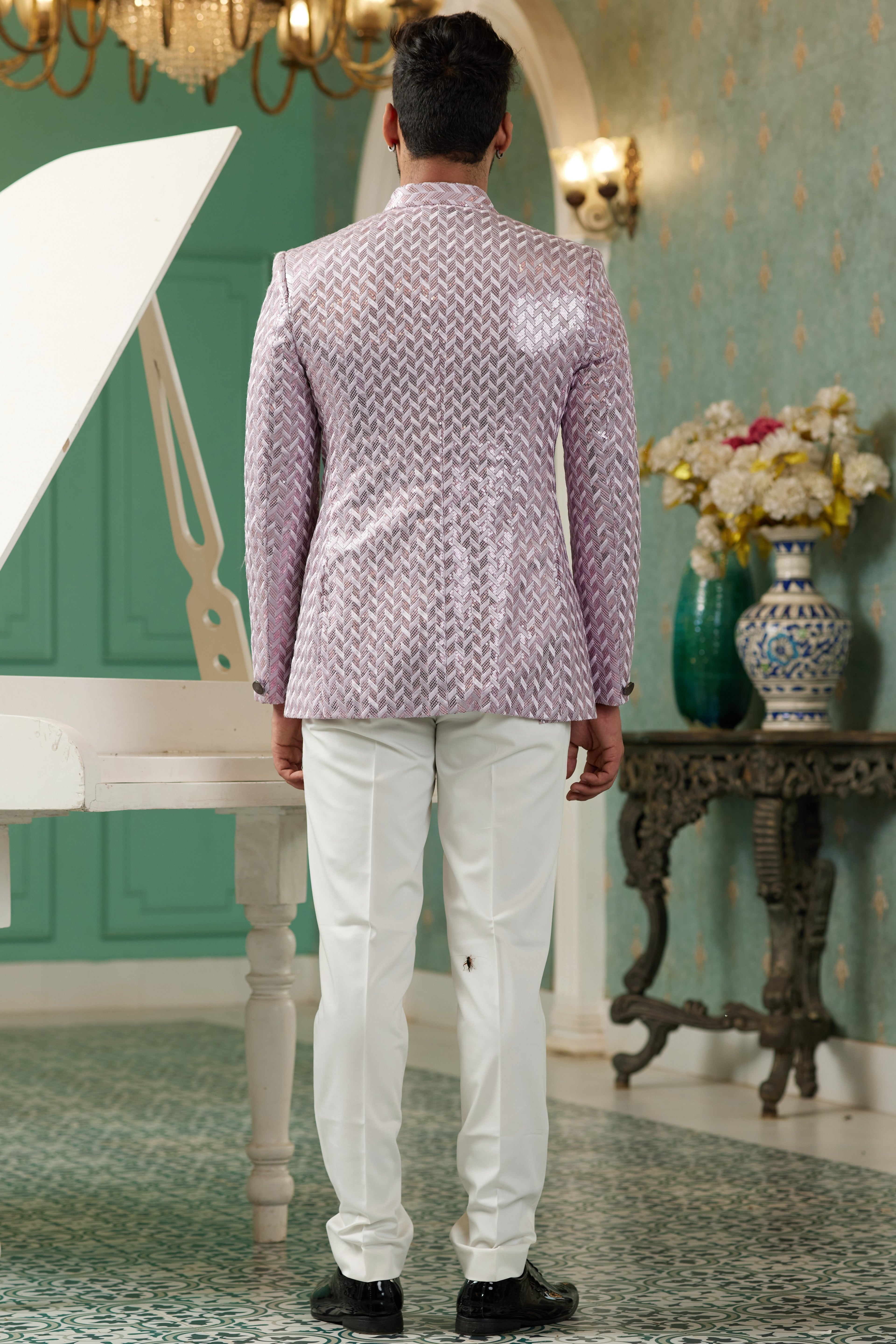 Pink Art Silk Traditional Jodhpuri Suits with Jacket & Pant for Men for Wedding - Thread Embroidery Work