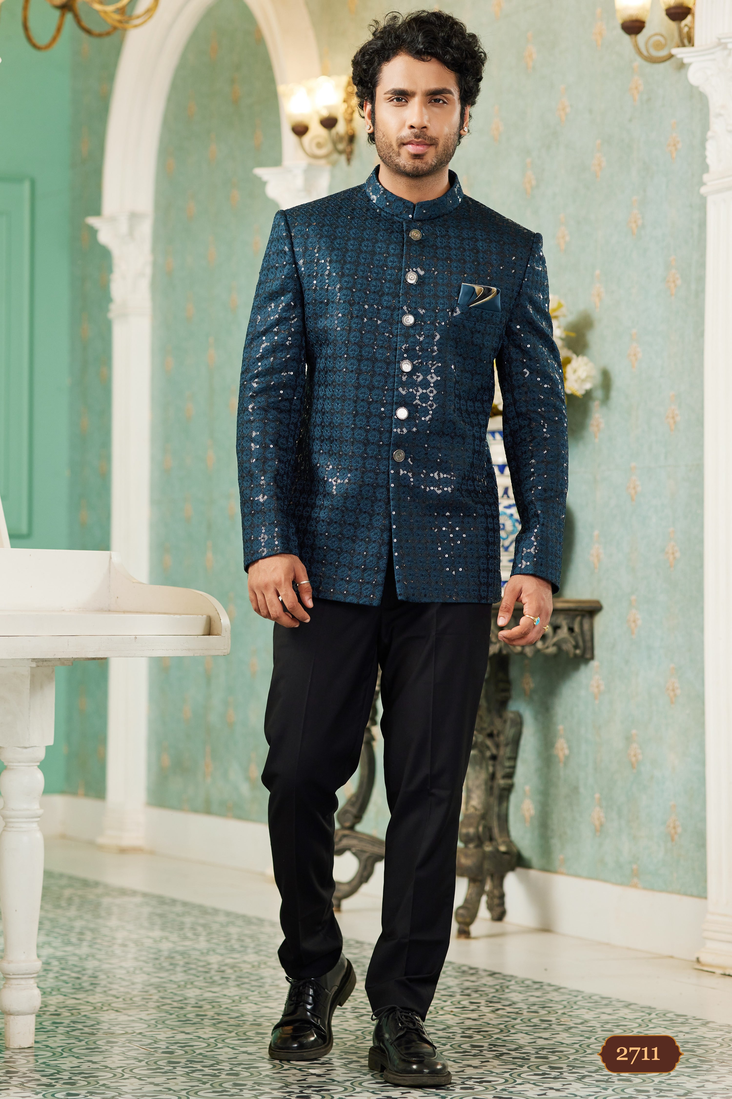 Teal Art Silk Traditional Jodhpuri Suits with Jacket & Pant for Men for Wedding - Thread Embroidery Work