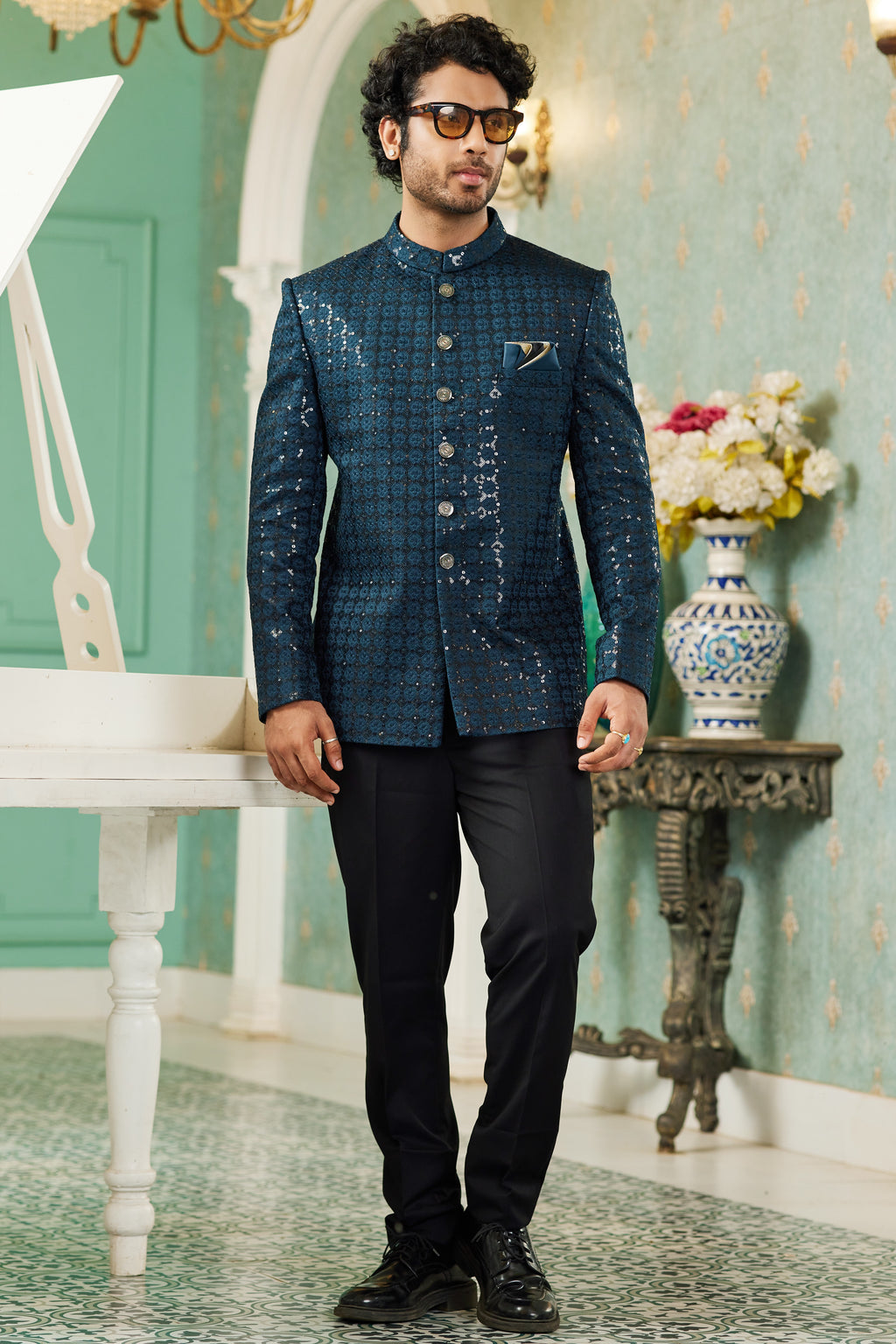 Teal Art Silk Traditional Jodhpuri Suits with Jacket & Pant for Men for Wedding - Thread Embroidery Work