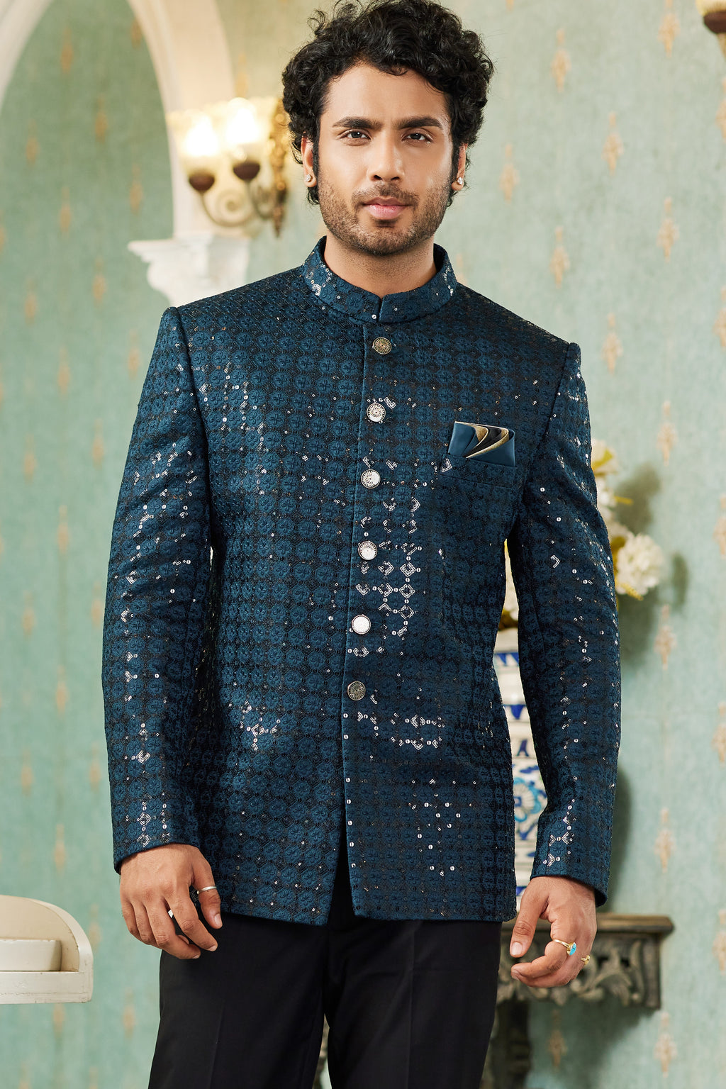 Teal Art Silk Traditional Jodhpuri Suits with Jacket & Pant for Men for Wedding - Thread Embroidery Work