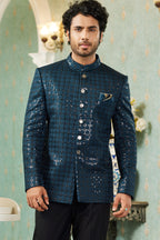 Teal Art Silk Traditional Jodhpuri Suits with Jacket & Pant for Men for Wedding - Thread Embroidery Work