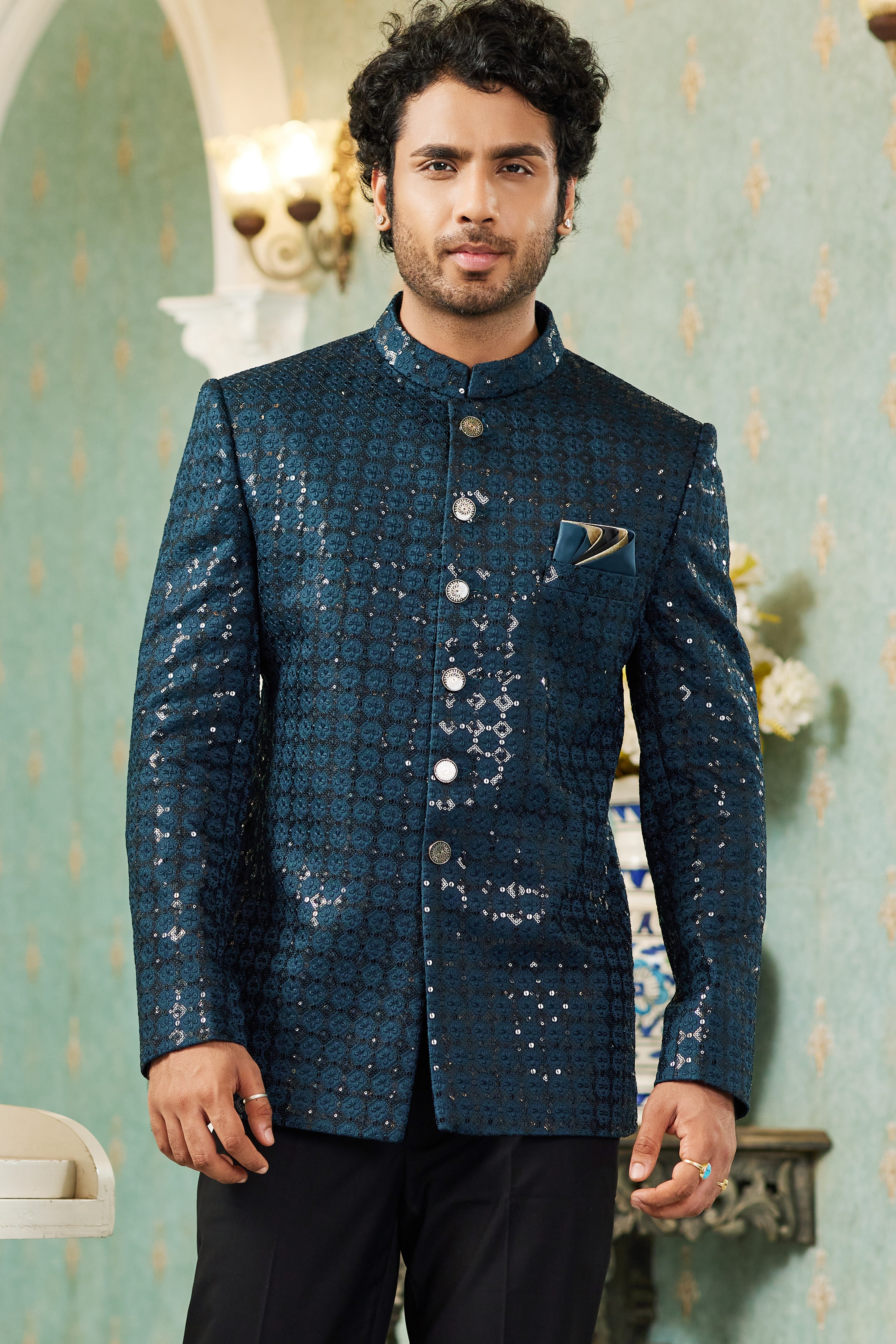 Teal Art Silk Traditional Jodhpuri Suits with Jacket & Pant for Men for Wedding - Thread Embroidery Work