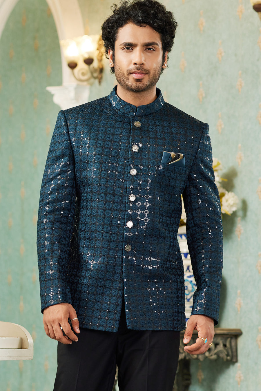 Teal Art Silk Traditional Jodhpuri Suits with Jacket & Pant for Men for Wedding - Thread Embroidery Work