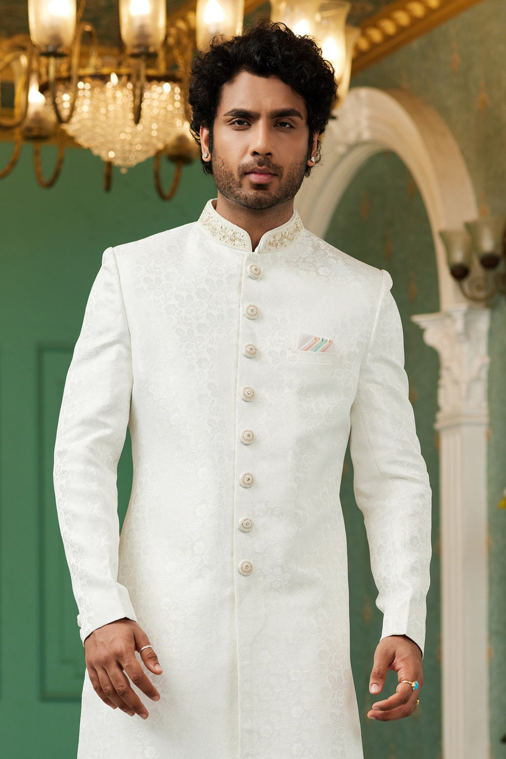 Off White Jacquard Silk Wedding Suit Indowestern Long Kurta & Pant for Men - Hand Work