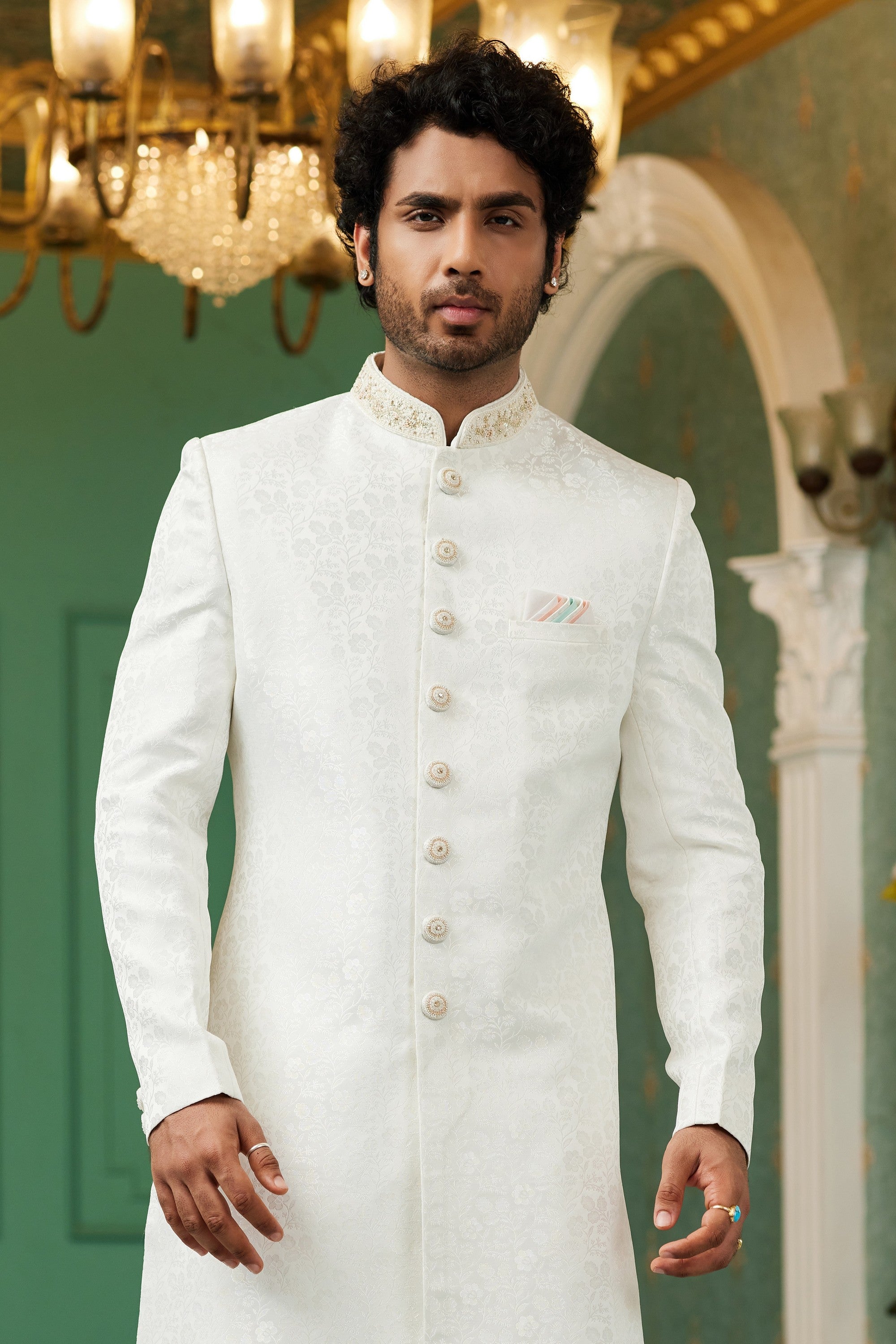 Off White Jacquard Silk Wedding Suit Indowestern Long Kurta & Pant for Men - Hand Work