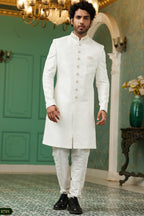 Off White Jacquard Silk Wedding Suit Indowestern Long Kurta & Pant for Men - Hand Work