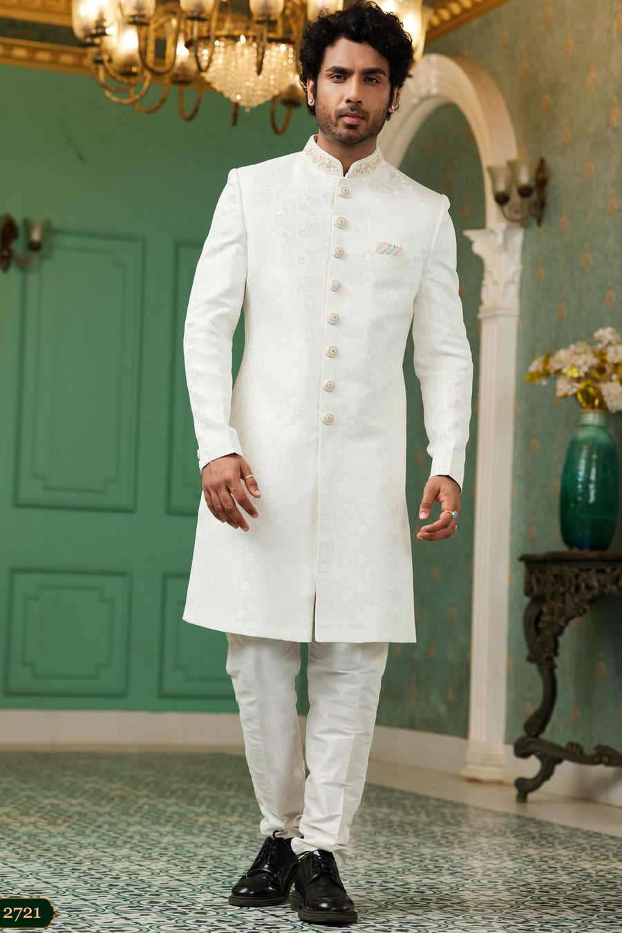 Off White Jacquard Silk Wedding Suit Indowestern Long Kurta & Pant for Men - Hand Work