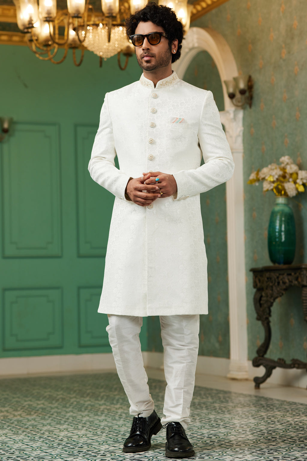 Off White Jacquard Silk Wedding Suit Indowestern Long Kurta & Pant for Men - Hand Work