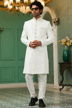 Off White Jacquard Silk Wedding Suit Indowestern Long Kurta & Pant for Men - Hand Work