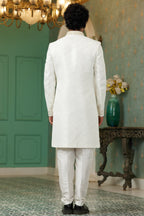 Off White Jacquard Silk Wedding Suit Indowestern Long Kurta & Pant for Men - Hand Work