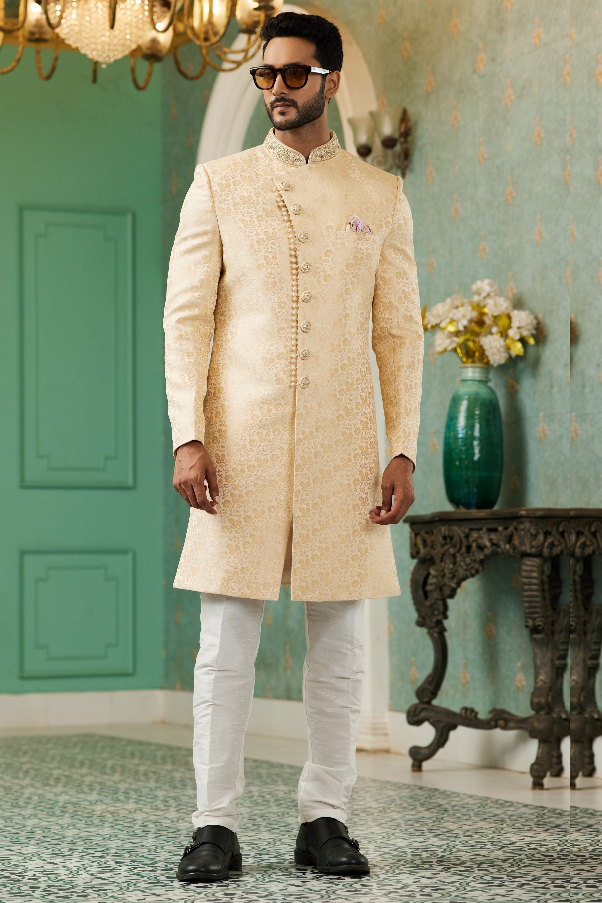 Cream Golden Jacquard Silk Wedding Suit Indowestern Long Kurta & Pant for Men - Hand Work