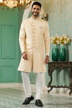 Cream Golden Jacquard Silk Wedding Suit Indowestern Long Kurta & Pant for Men - Hand Work