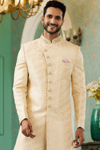Cream Golden Jacquard Silk Wedding Suit Indowestern Long Kurta & Pant for Men - Hand Work