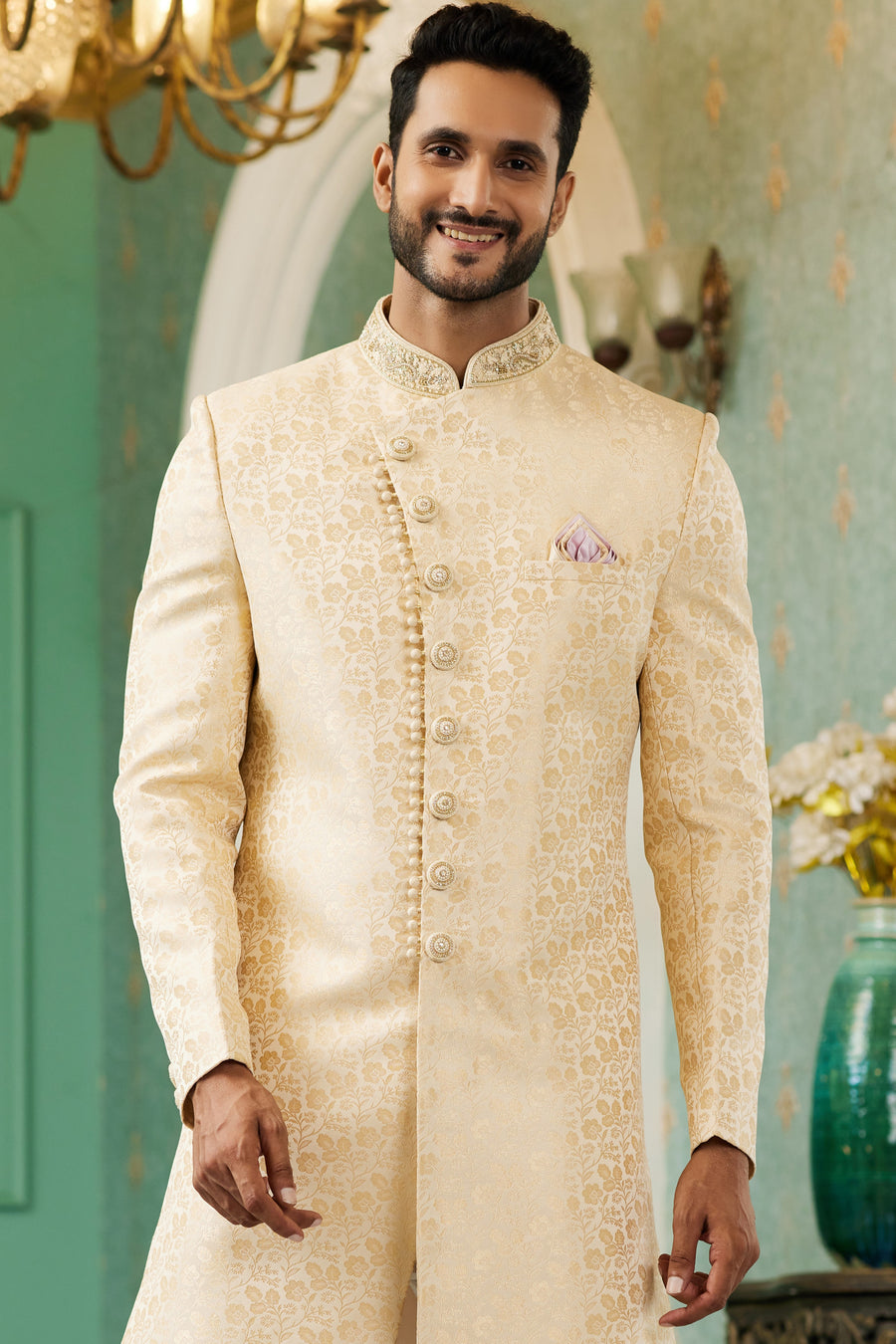 Cream Golden Jacquard Silk Wedding Suit Indowestern Long Kurta & Pant for Men - Hand Work