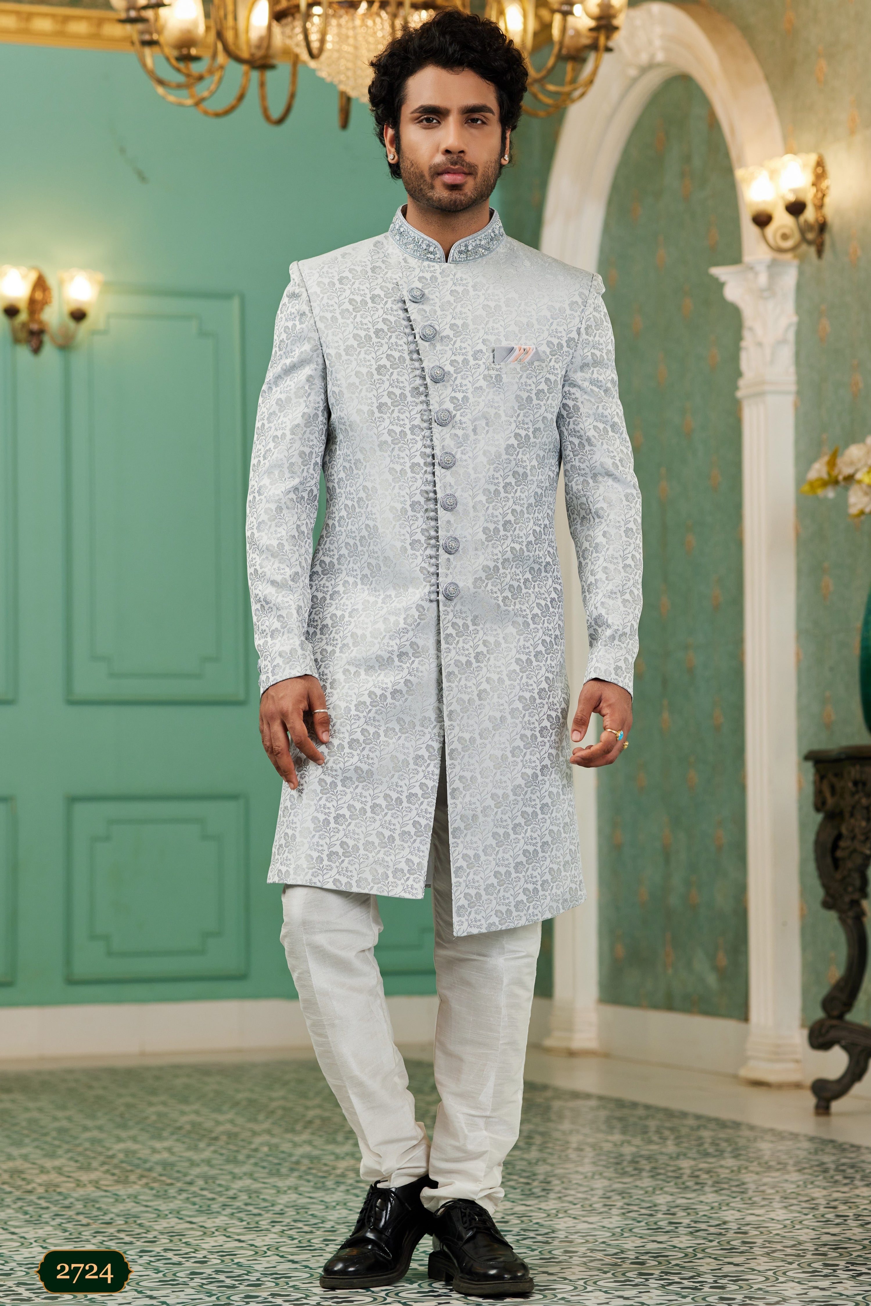 Gray Jacquard Silk Wedding Suit Indowestern Long Kurta & Pant for Men - Hand Work