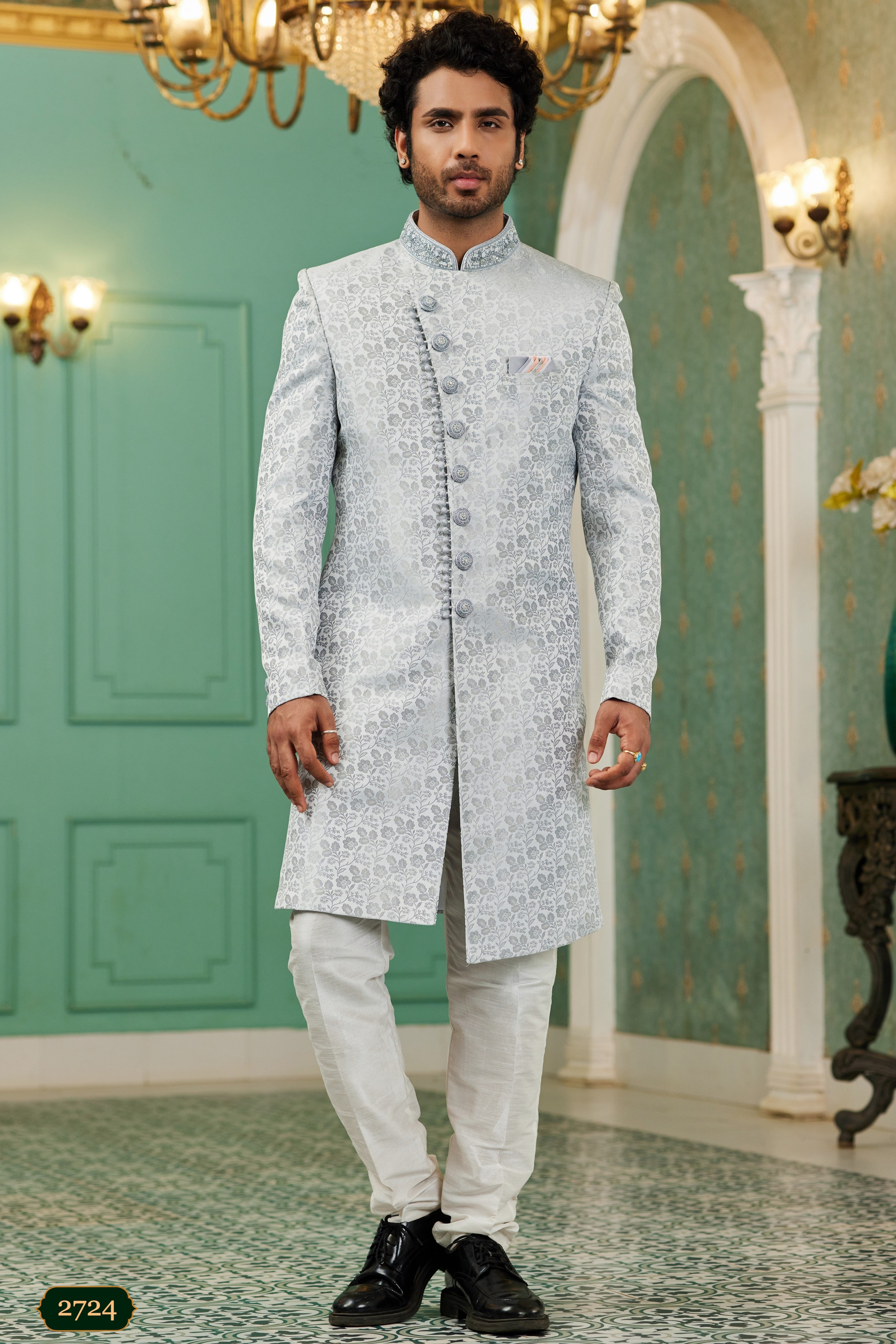 Gray Jacquard Silk Wedding Suit Indowestern Long Kurta & Pant for Men - Hand Work