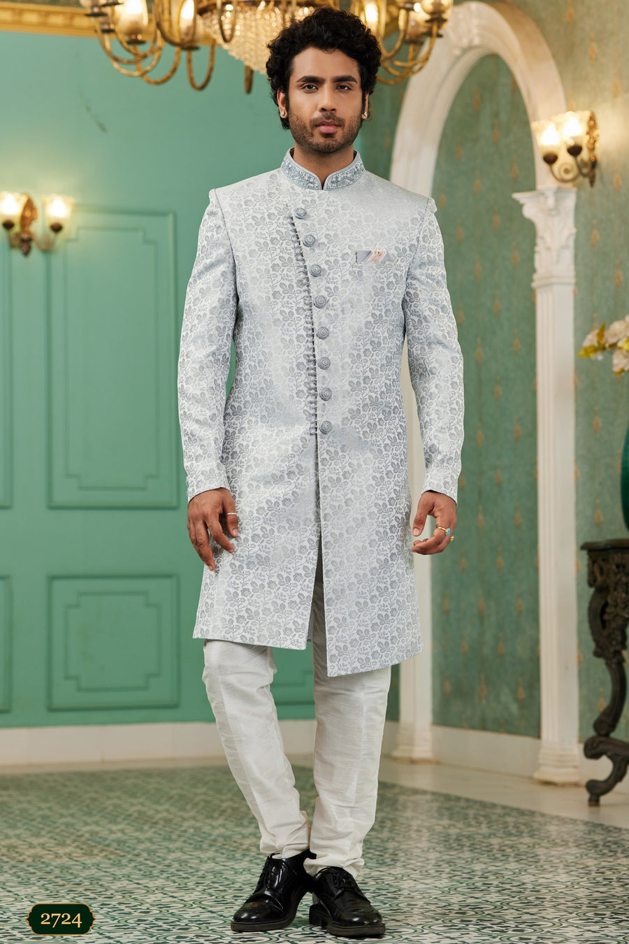 Gray Jacquard Silk Wedding Suit Indowestern Long Kurta & Pant for Men - Hand Work