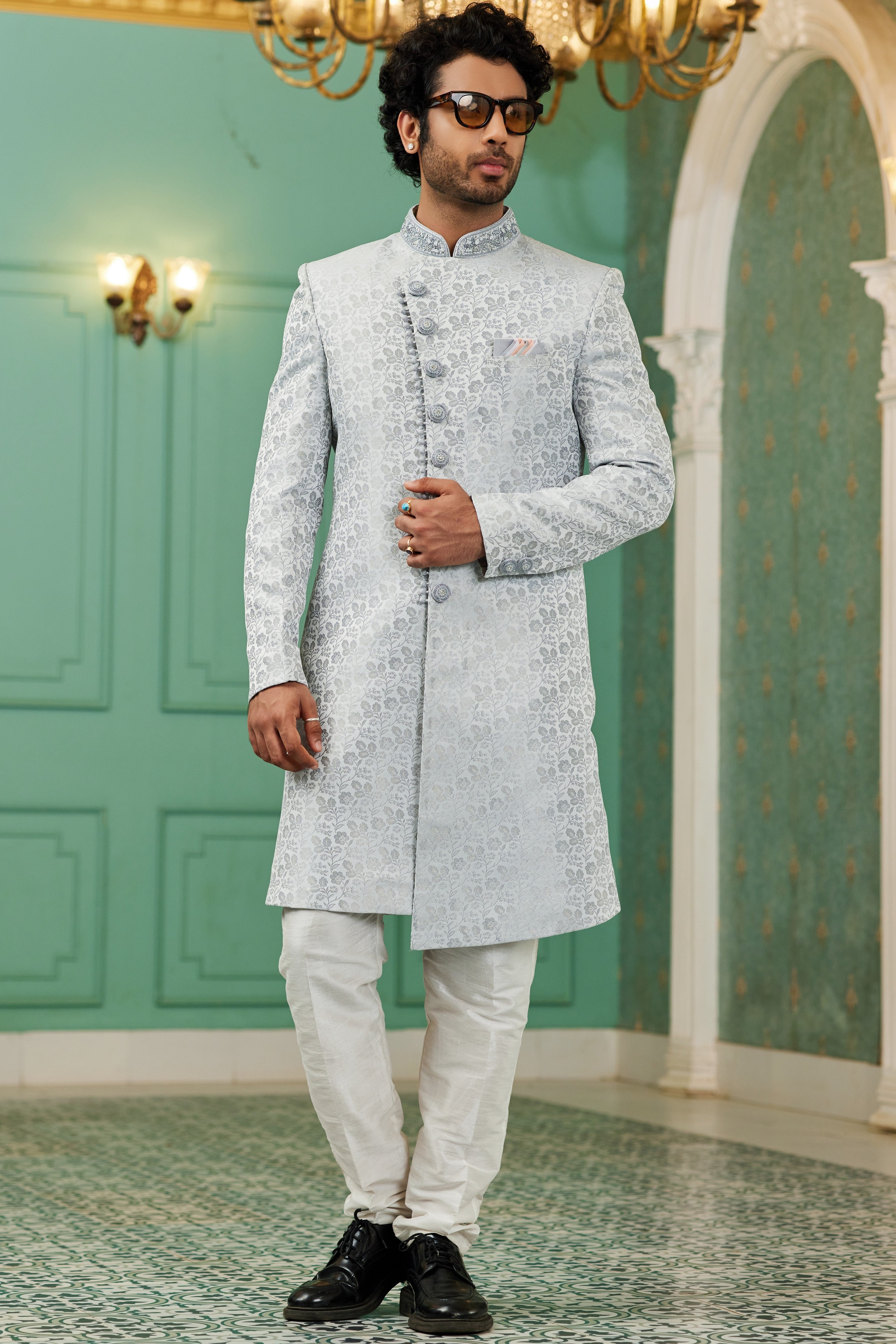 Gray Jacquard Silk Wedding Suit Indowestern Long Kurta & Pant for Men - Hand Work