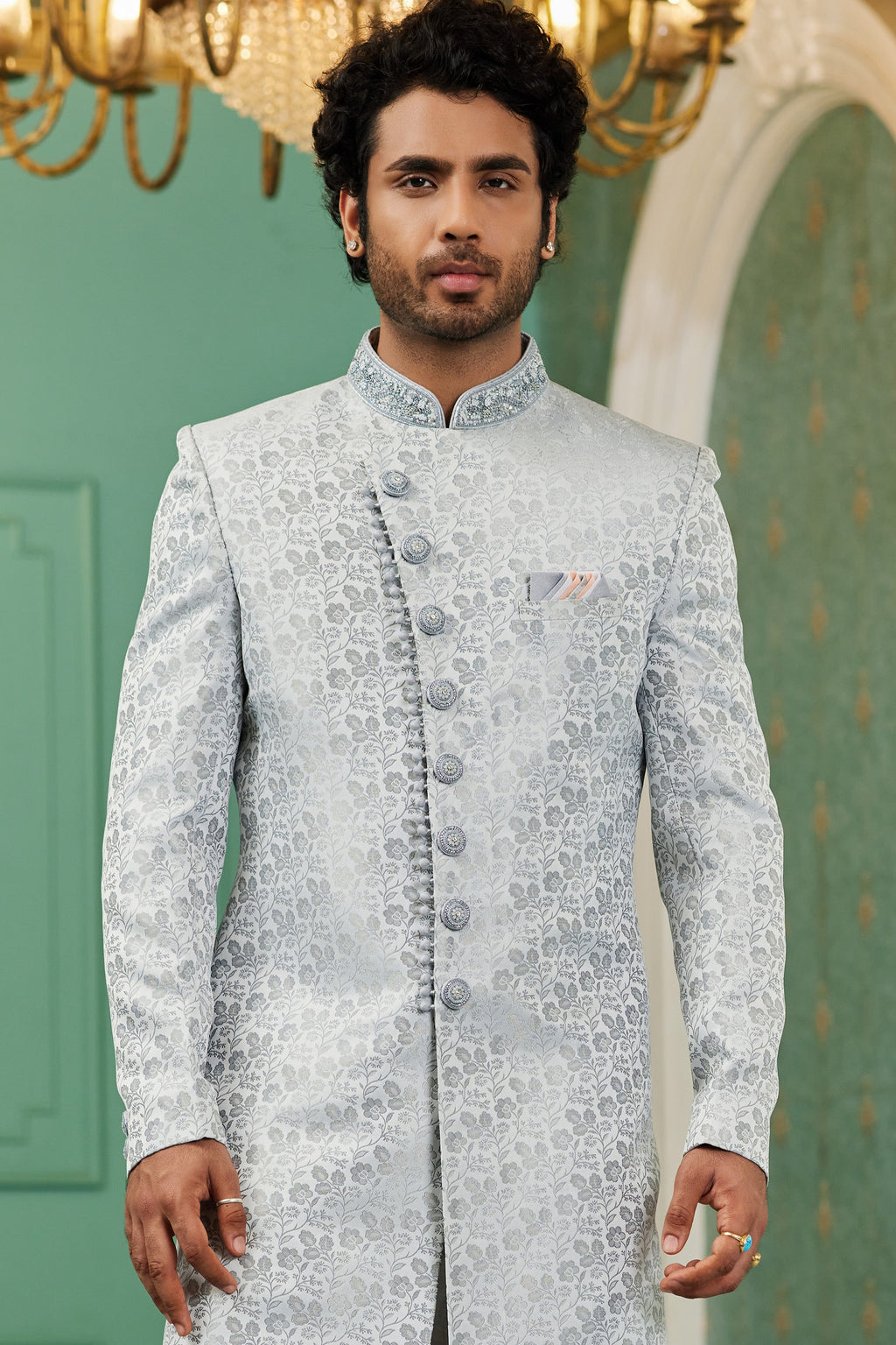 Gray Jacquard Silk Wedding Suit Indowestern Long Kurta & Pant for Men - Hand Work