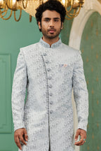 Gray Jacquard Silk Wedding Suit Indowestern Long Kurta & Pant for Men - Hand Work