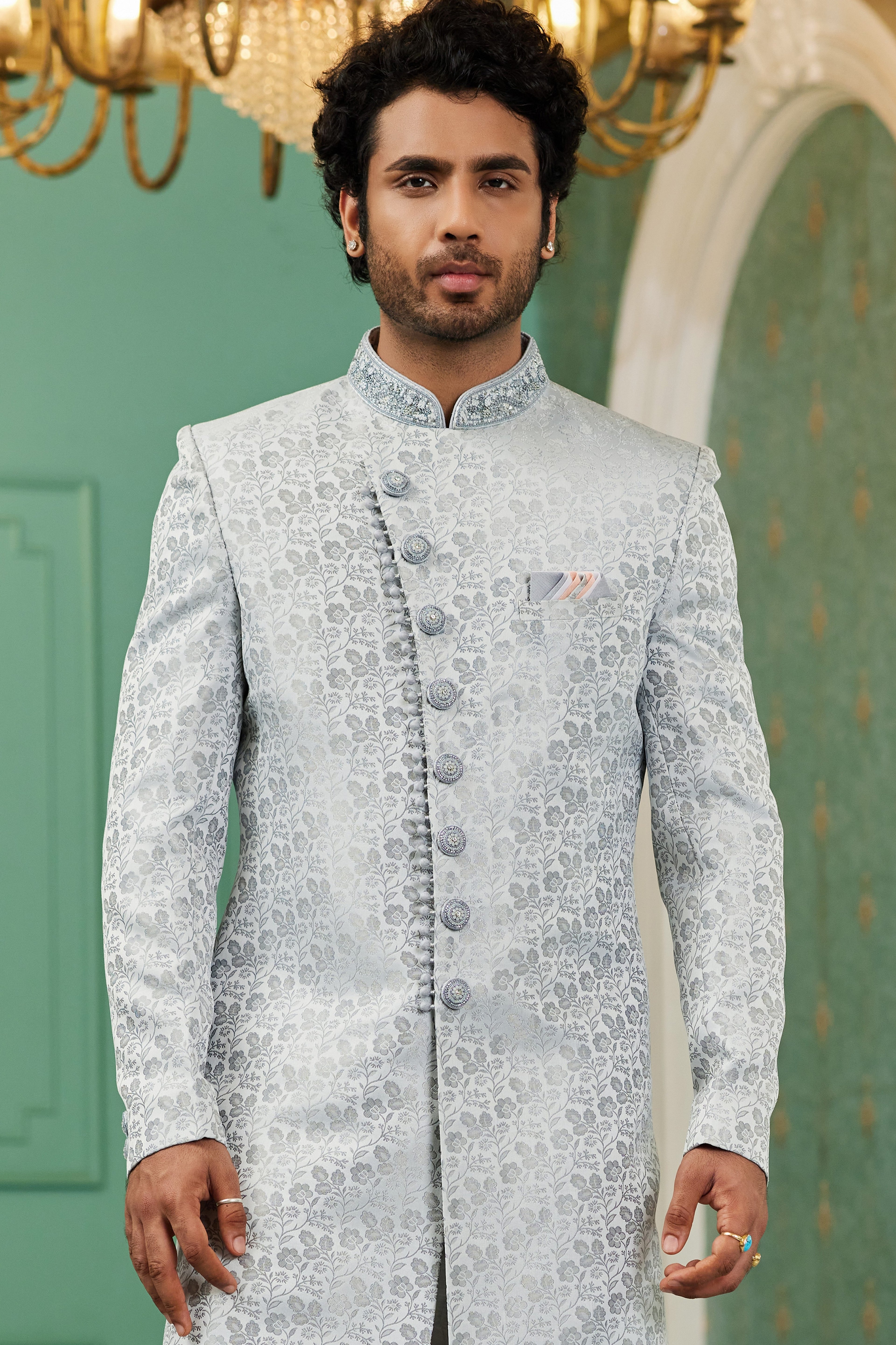 Gray Jacquard Silk Wedding Suit Indowestern Long Kurta & Pant for Men - Hand Work