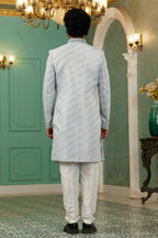 Gray Jacquard Silk Wedding Suit Indowestern Long Kurta & Pant for Men - Hand Work