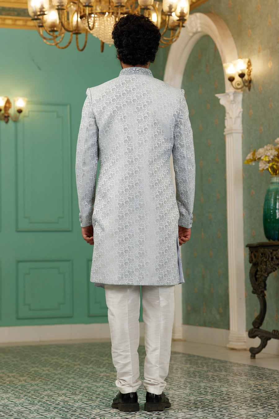 Gray Jacquard Silk Wedding Suit Indowestern Long Kurta & Pant for Men - Hand Work