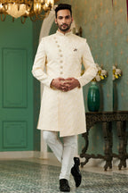 Cream Gold Jacquard Silk Wedding Suit Indowestern Long Kurta & Pant for Men - Hand Work