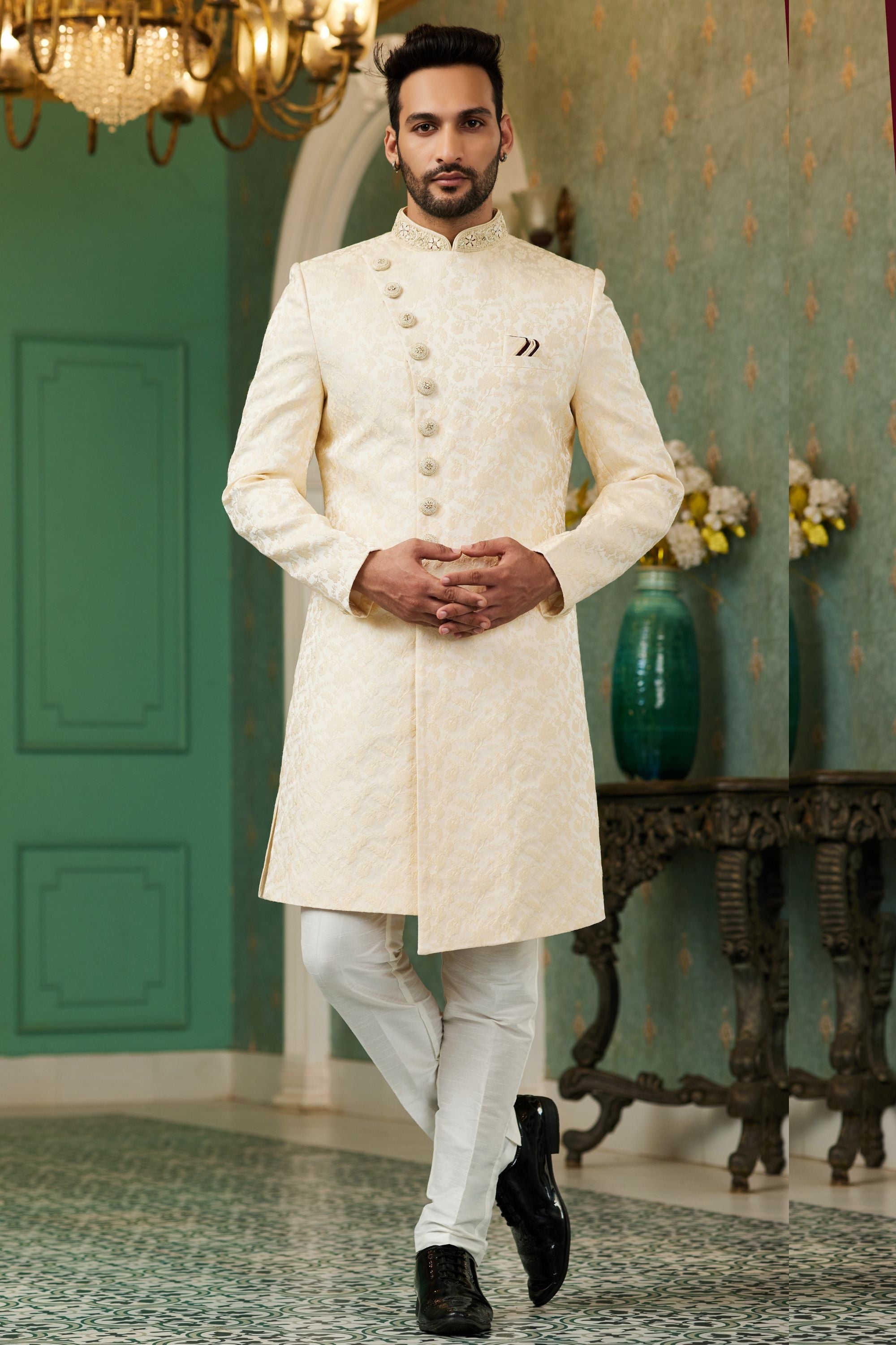 Cream Gold Jacquard Silk Wedding Suit Indowestern Long Kurta & Pant for Men - Hand Work