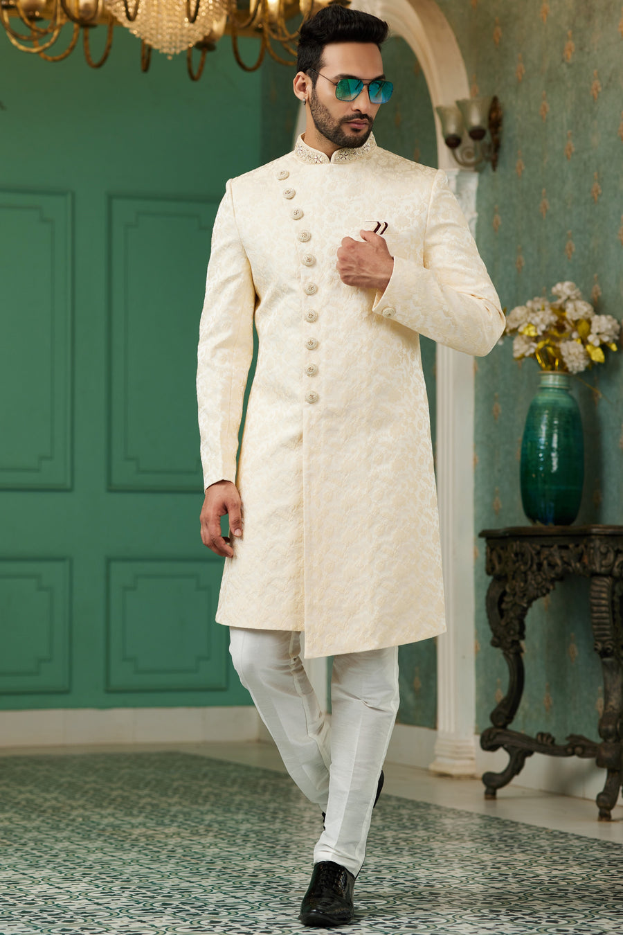 Cream Gold Jacquard Silk Wedding Suit Indowestern Long Kurta & Pant for Men - Hand Work