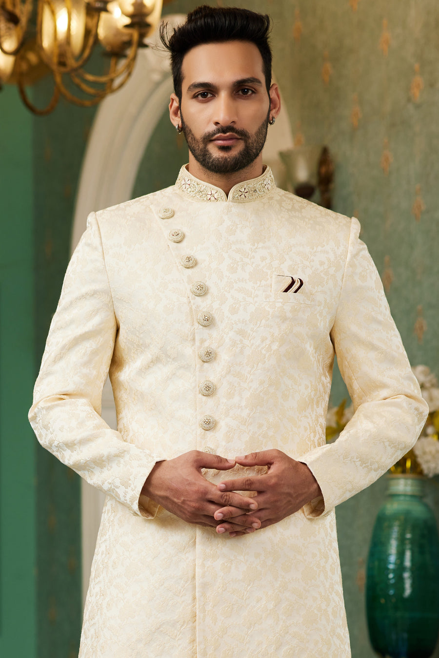 Cream Gold Jacquard Silk Wedding Suit Indowestern Long Kurta & Pant for Men - Hand Work