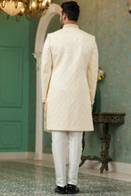 Cream Gold Jacquard Silk Wedding Suit Indowestern Long Kurta & Pant for Men - Hand Work